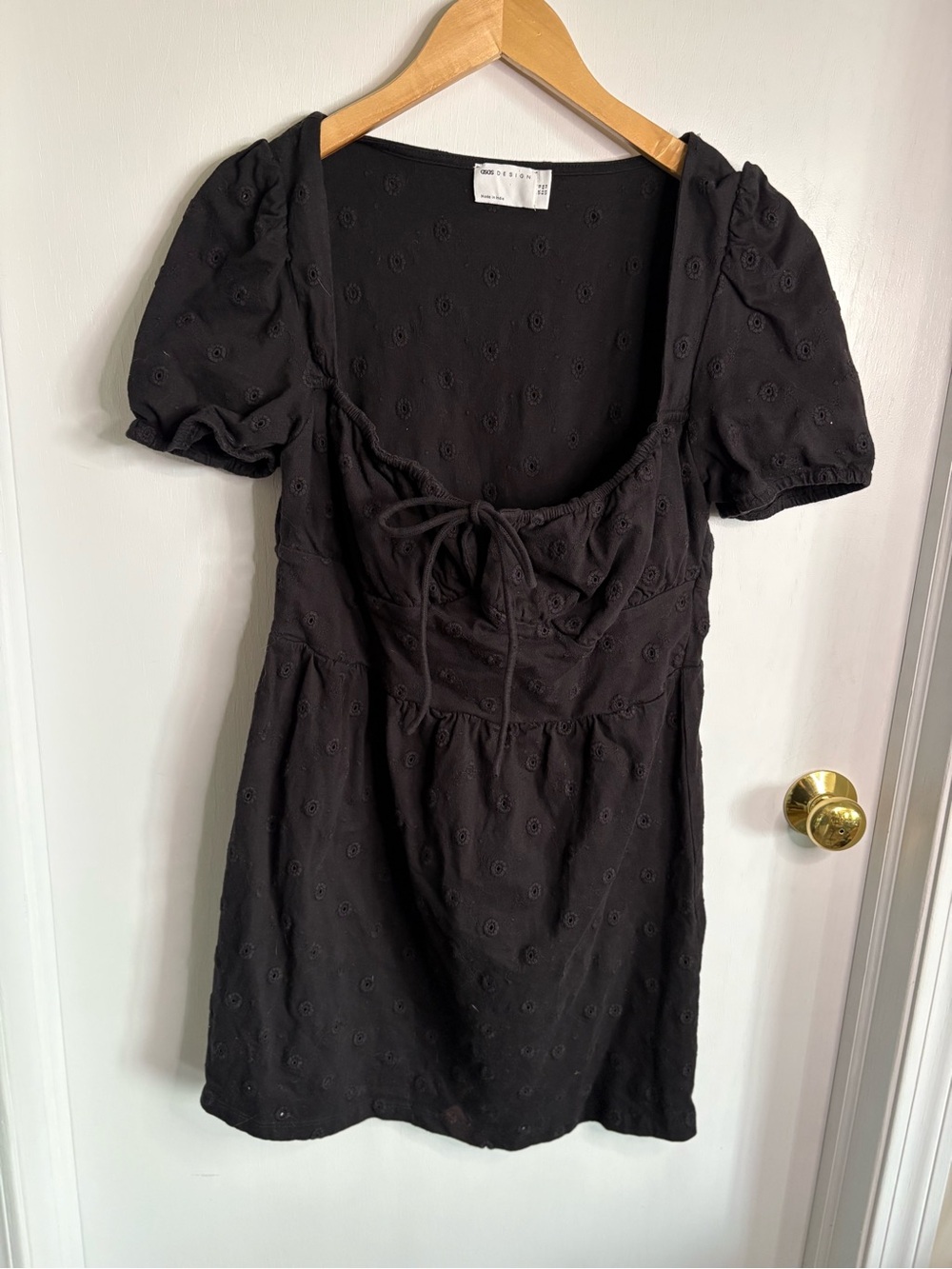 ASOS DESIGN Black Cotton Eyelet Tie Neck S14 MiniDress Babydoll Coquette Boho